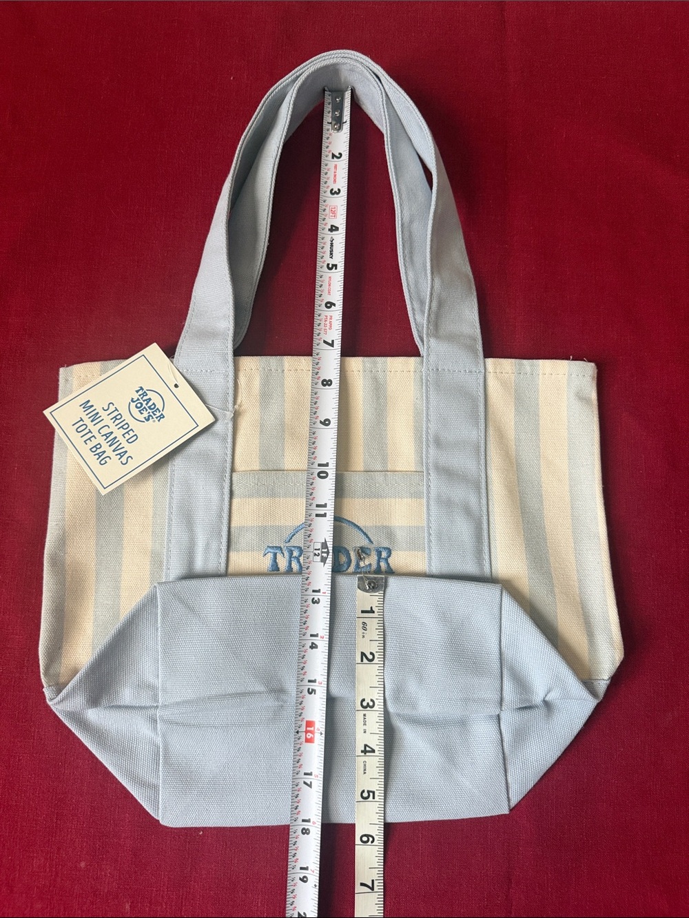 NWT Trader Joe's Striped Light Blue and White Mini Canvas Tote - Picture 5 of 6